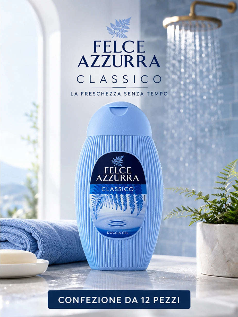 Confezione da 12 Felce Azzurra Doccia Classica 250 ml, bagnodoccia profumato per la detersione quotidiana, 3 L totali