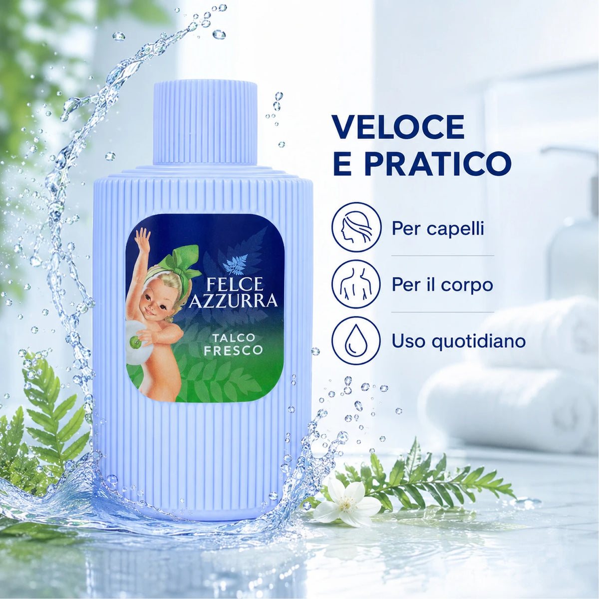 Confezione da 12 Felce Azzurra Talco Fresco 200 g, talco profumato per la cura quotidiana del corpo, 2,4 kg totali