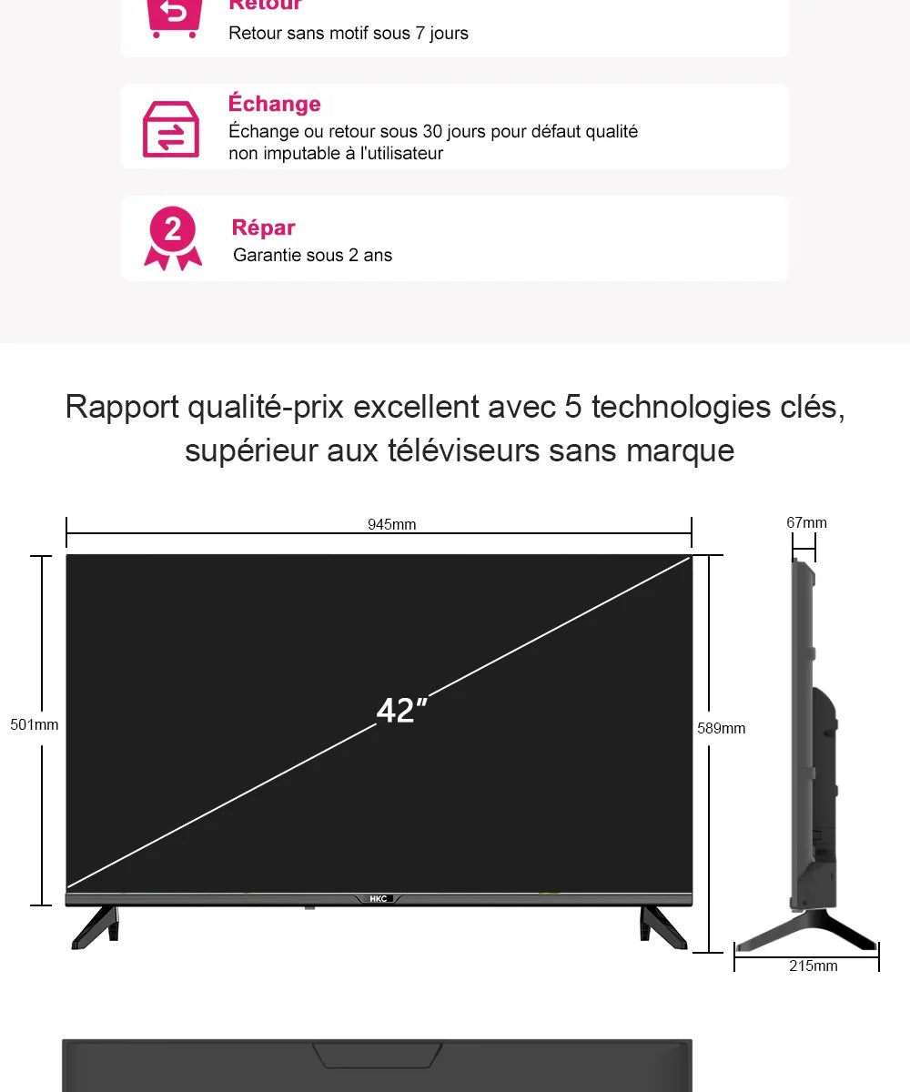 HKC 42Q1L Smart TV FHD da 42 Pollici VIDAA con Pannello Sharp, DVB T2 S2 C Completo, HDR10, Audio Dolby e Porte HDMI, AV, Jack per Cuffie