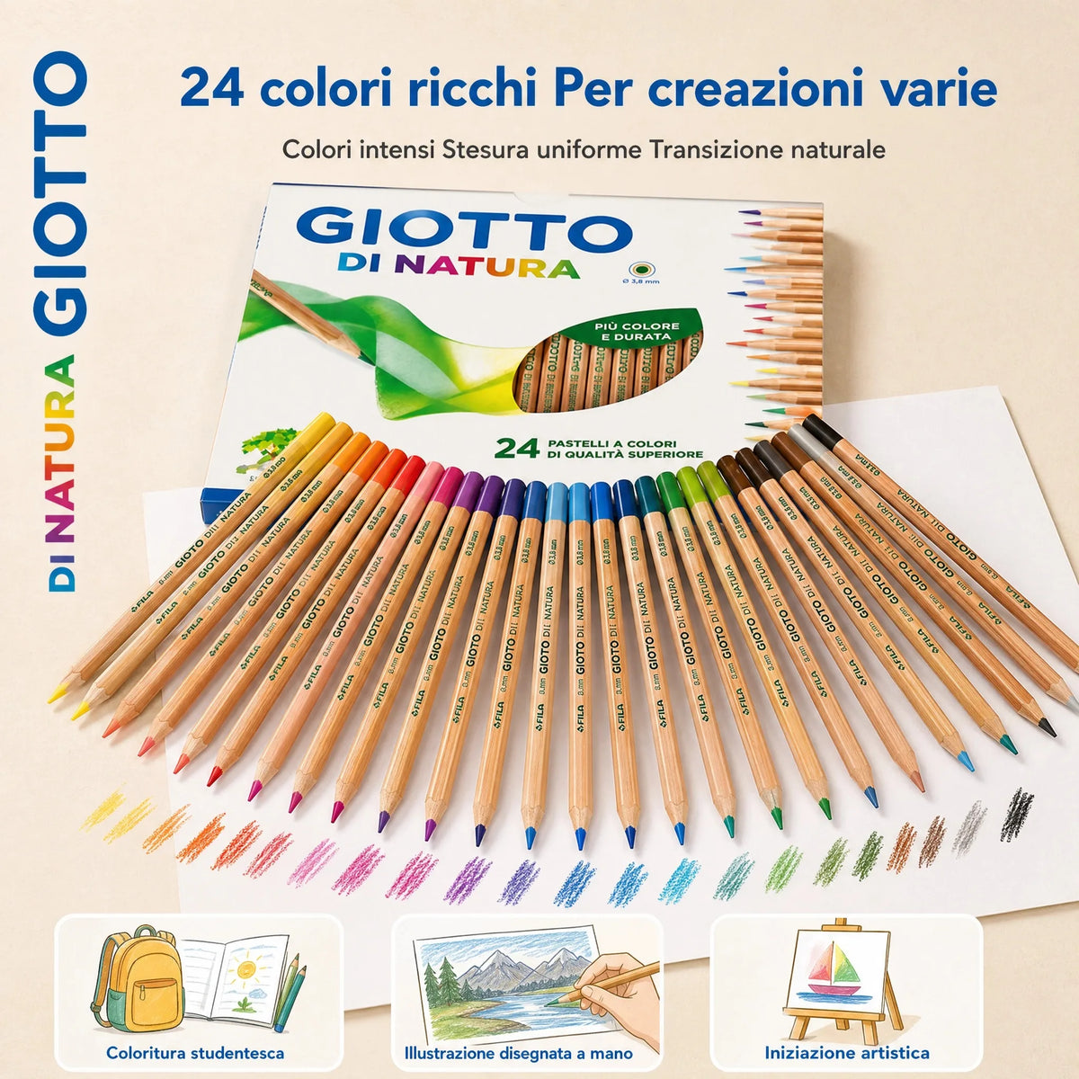 GIOTTO Di Natura – Set 24 Pastelli a Colori in Legno Naturale, Mina 3,8 mm