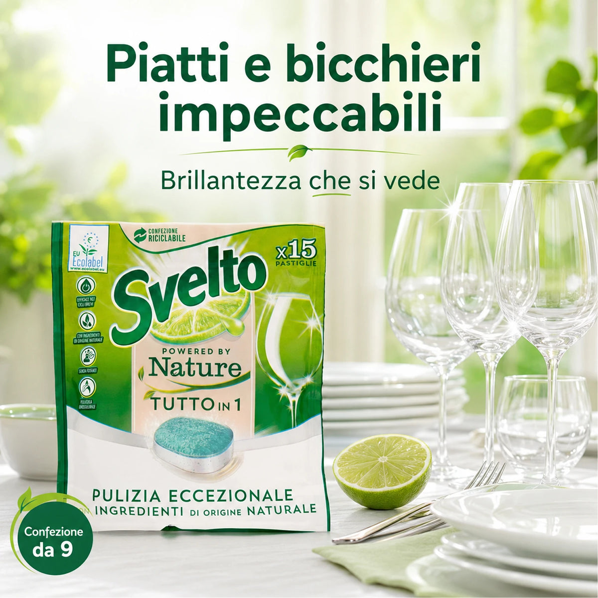 Confezione da 9 Svelto Tabs Tutto in 1 Regular, pastiglie lavastoviglie 15 pezzi, formato scorta per cucina, casa e uso quotidiano