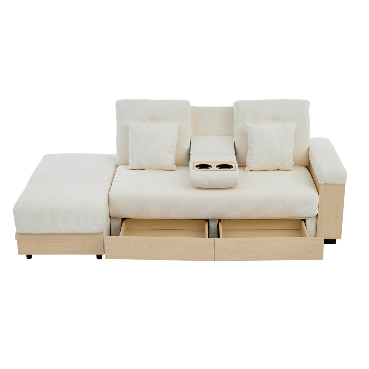 Divano Living Landscape con contenitore e schienale regolabile 3X - Divano letto in ciniglia beige a 3 posti con cassetti, portabicchieri e sgabello contenitore, 217x110 cm per soggiorno e camera degli ospiti