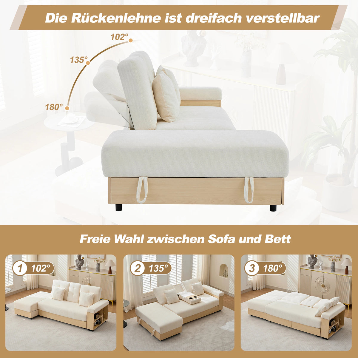 Divano Living Landscape con contenitore e schienale regolabile 3X - Divano letto in ciniglia beige a 3 posti con cassetti, portabicchieri e sgabello contenitore, 217x110 cm per soggiorno e camera degli ospiti