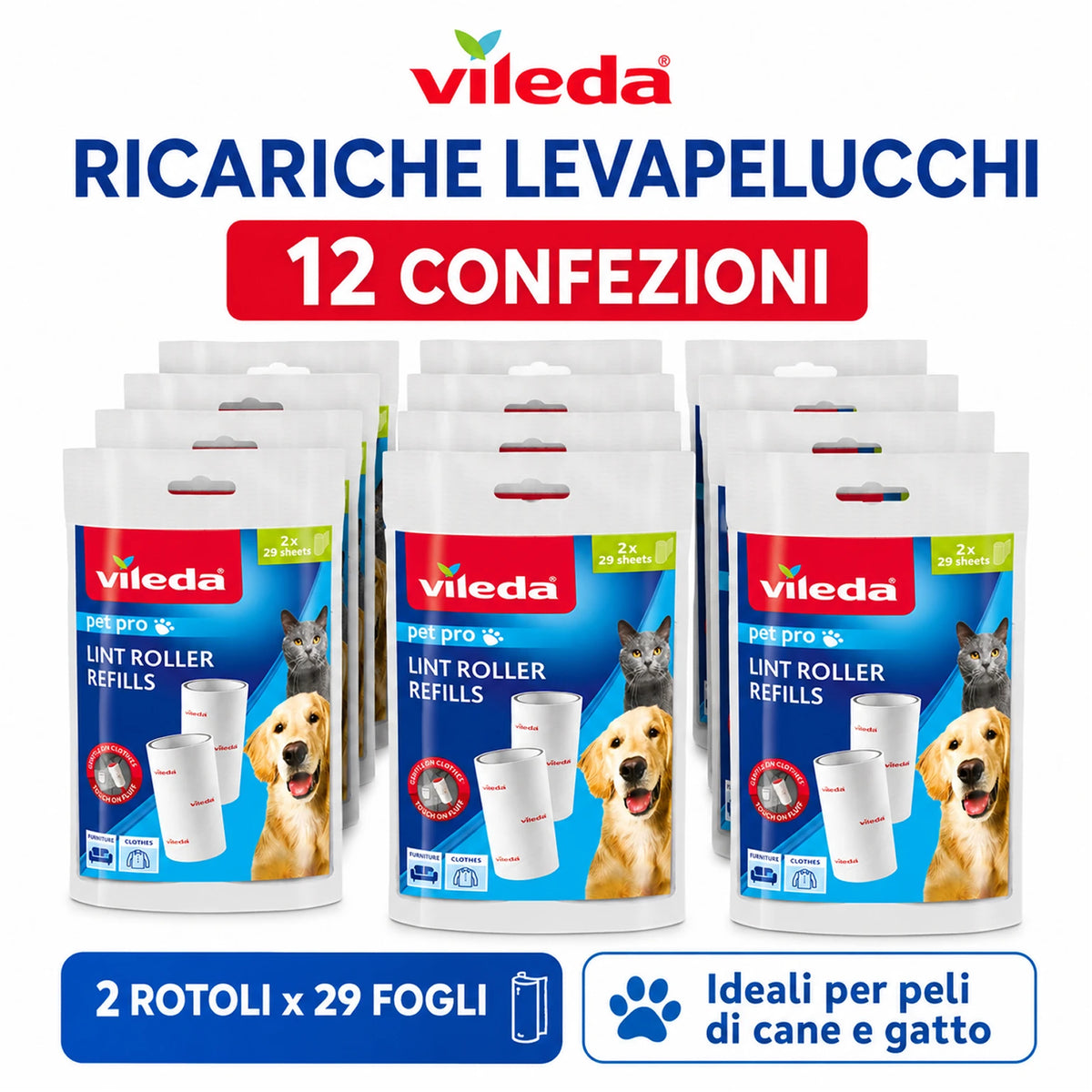 Confezione da 12 Vileda Pro Pet Lint Roller Refill, ricariche levapelucchi 2x29 fogli, per peli, polvere, pelucchi e sporco su tessuti compatibili