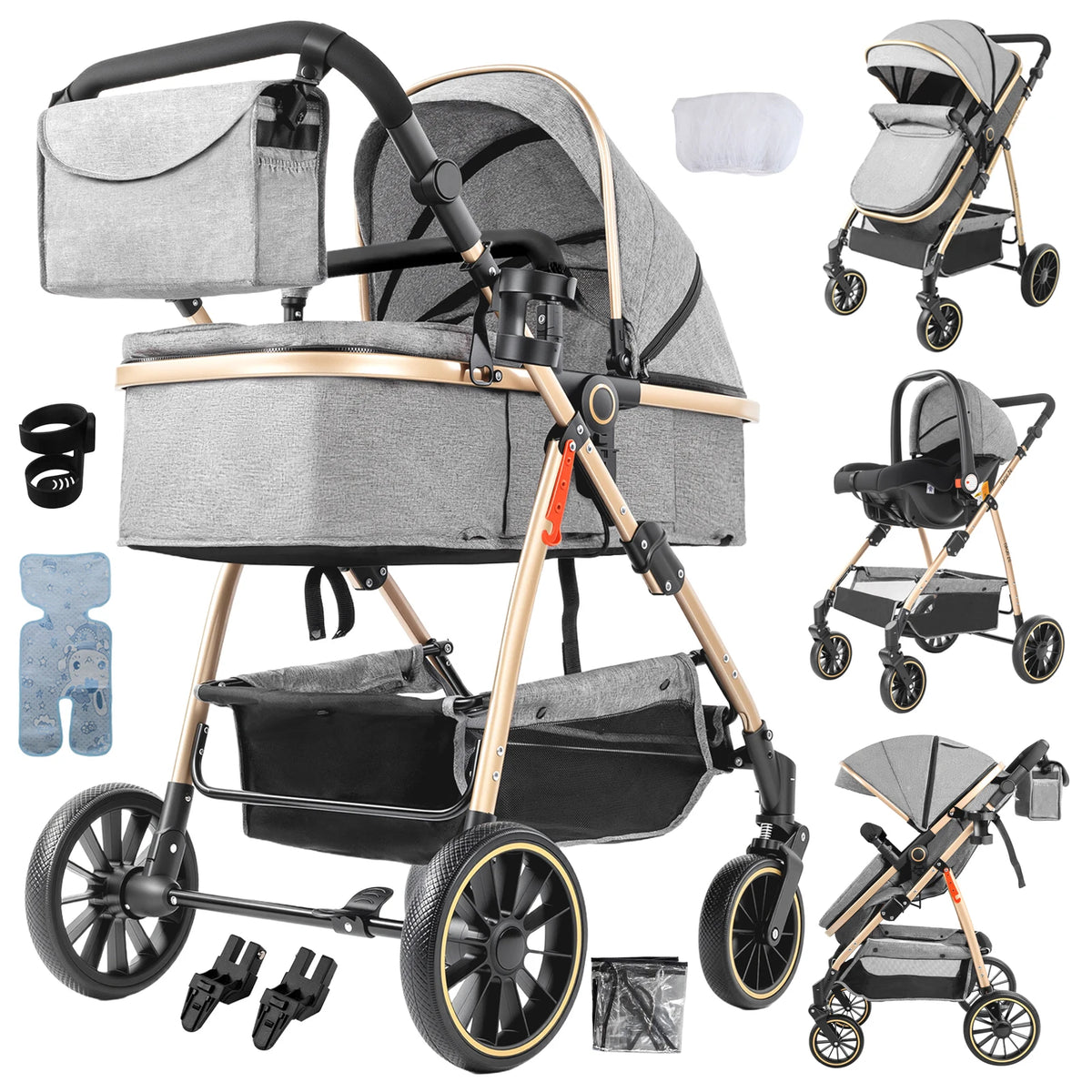 Passeggino 3-in-1 Pieghevole per Neonati con Seggiolino Auto, Sistema da Viaggio Leggero, Sicuro e Stabile, Nuovo Carrozzino