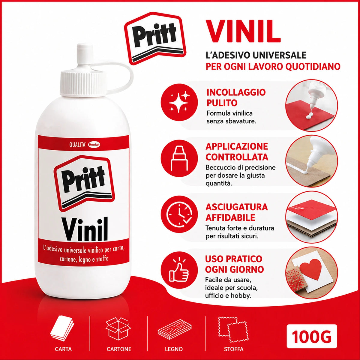 Confezione da 24 Pritt Vinil Universale Trasparente 100 g, colla vinilica per assemblaggio, carta, cartone, legno e lavori creativi