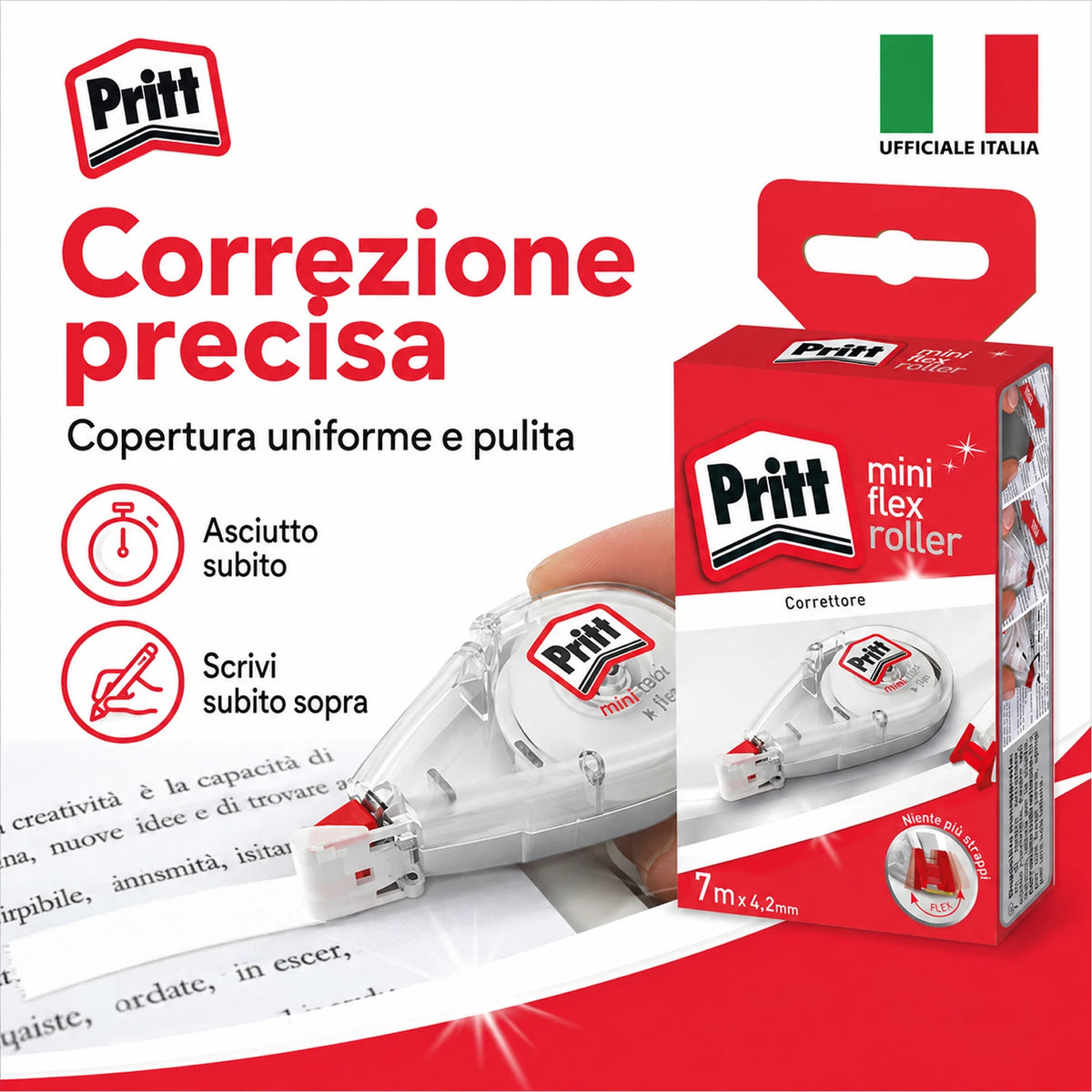 Confezione da 10 Pritt Correttore Mini Roller 4,2 mm x 7 m, punta flessibile con funzione push-pull, correttori a nastro per scuola e ufficio
