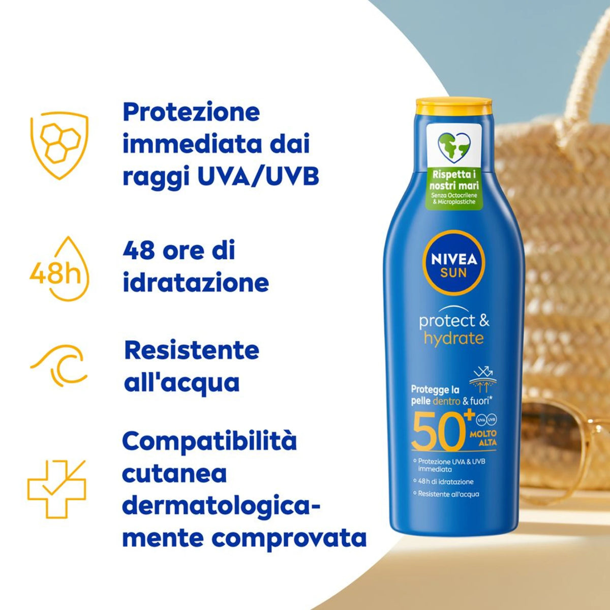 Confezione da 2 o 3 flaconi NIVEA SUN Protect & Hydrate Latte Solare SPF 50 200 ml, protezione corpo alta per mare, viaggio, vacanze e attività all’aperto