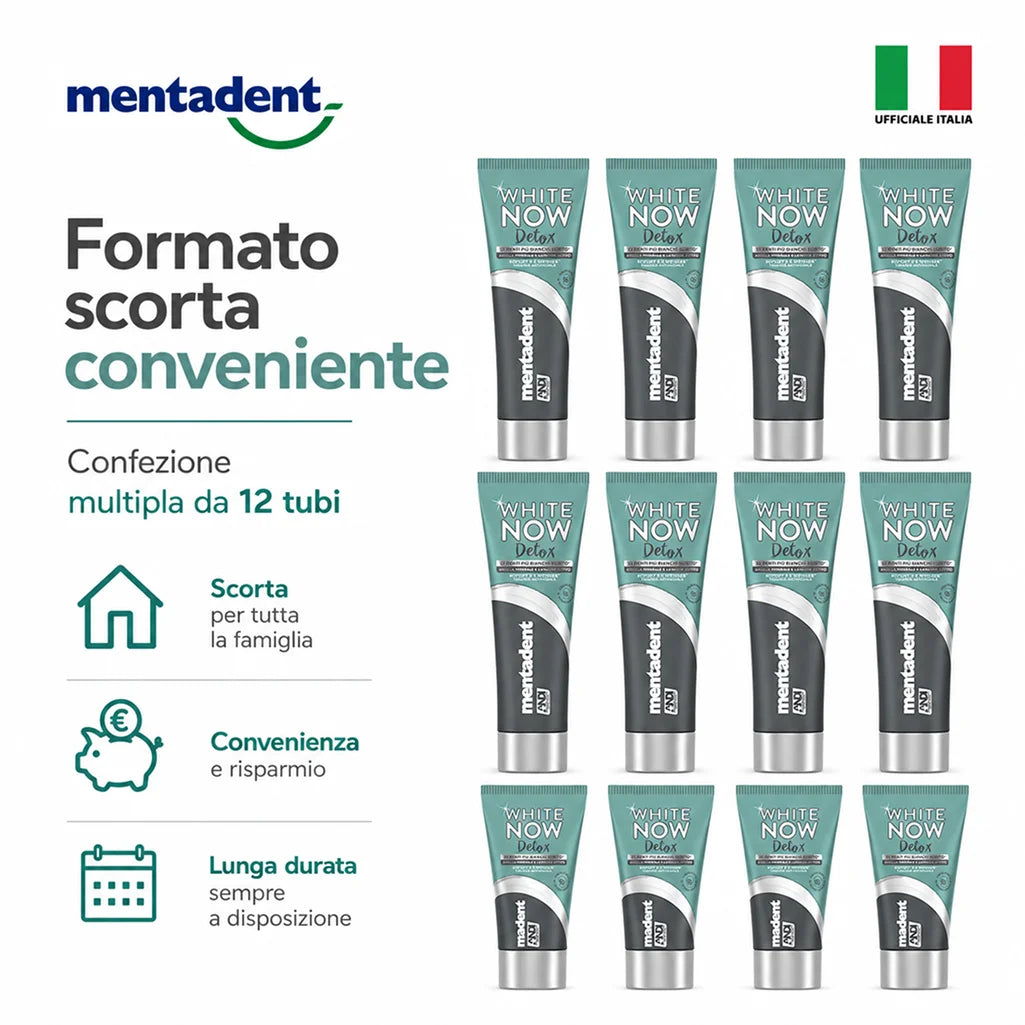 Confezione da 12 Mentadent White Now Detox Carbone 75 ml, dentifricio per igiene orale quotidiana, 900 ml totali