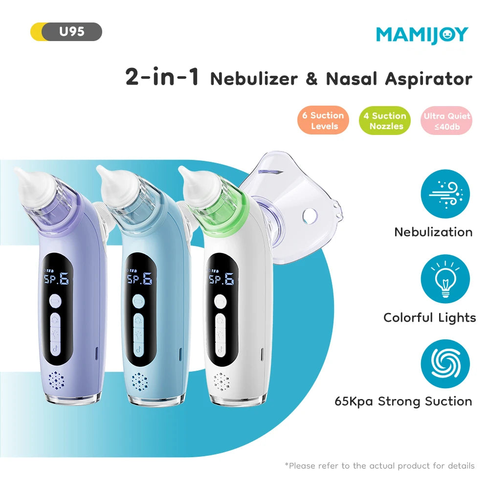 MAMIJOY Aspiratore nasale elettrico 2 in 1 per bambini e funzione nebulizzatore 6 modalità di aspirazione e nebulizzatore musicale per bambini e pulitore nasale U95
