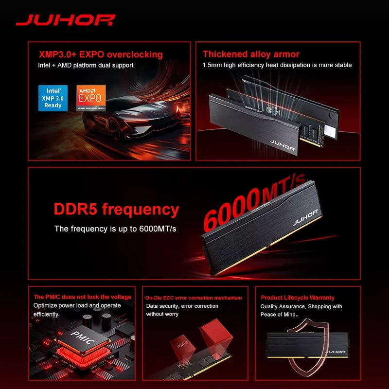 JUHOR RAM DDR5 16GB 6000MHz Memoria per Computer Desktop da Gaming Fai-da-te