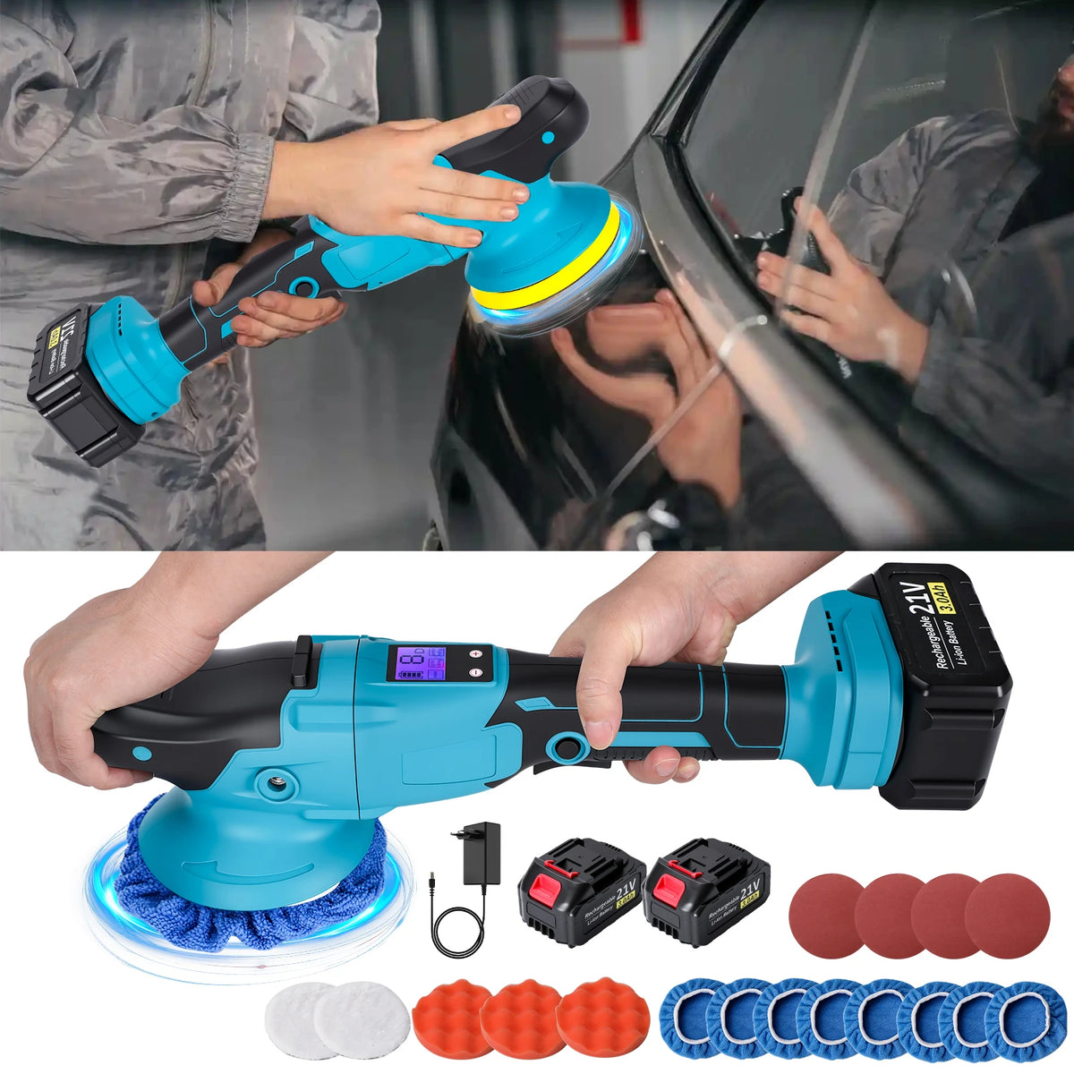 Lucidatrice per auto senza fili con display digitale a 6 velocità, lucidatrice elettrica per auto, macchina per lucidatura e ceratura, compatibile con batteria Makita 18V.