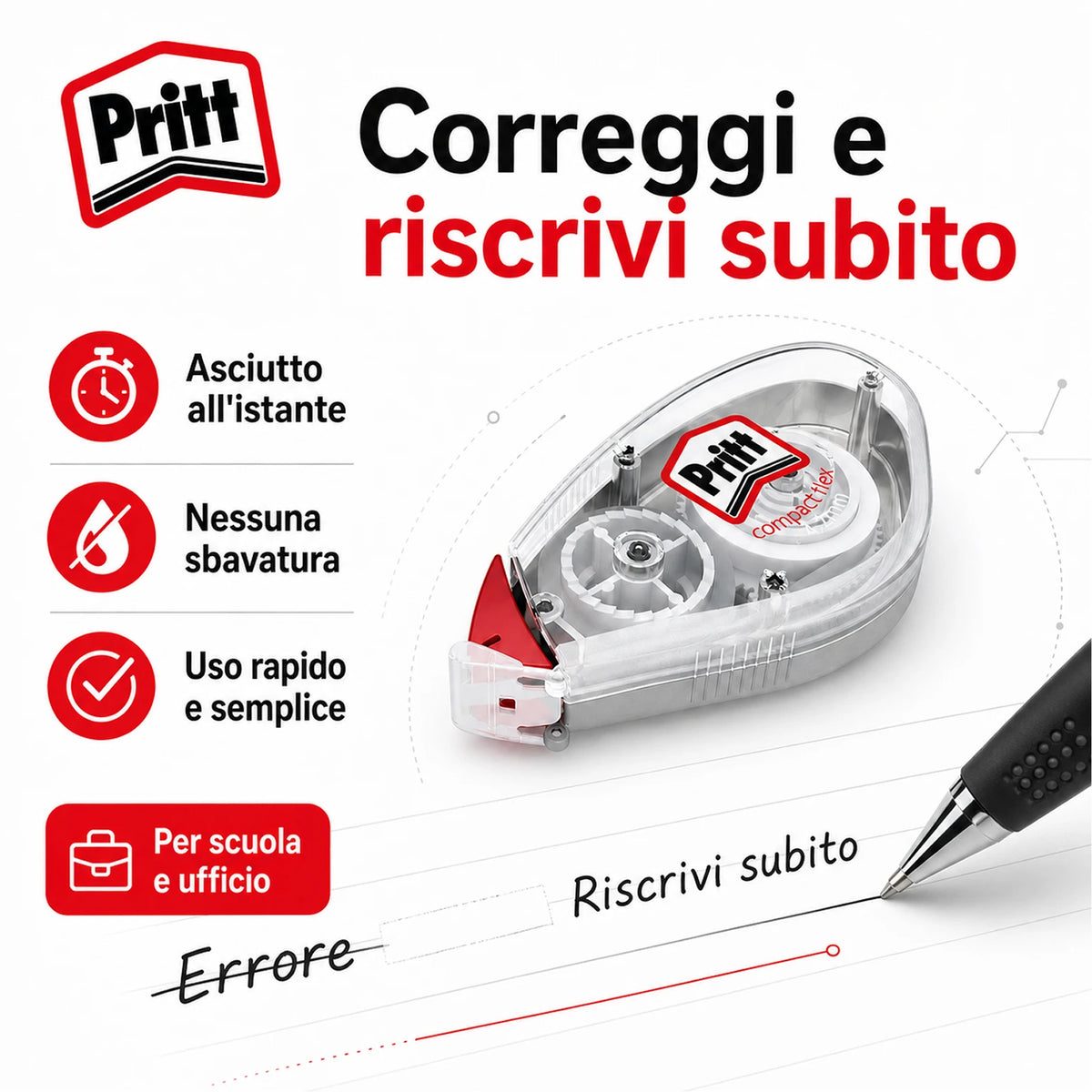 Confezione da 32 Pritt Flex Roller 4,2 mm x 10 m, correttori a nastro riscrivibili per frasi, lettere singole, scuola, ufficio e cancelleria