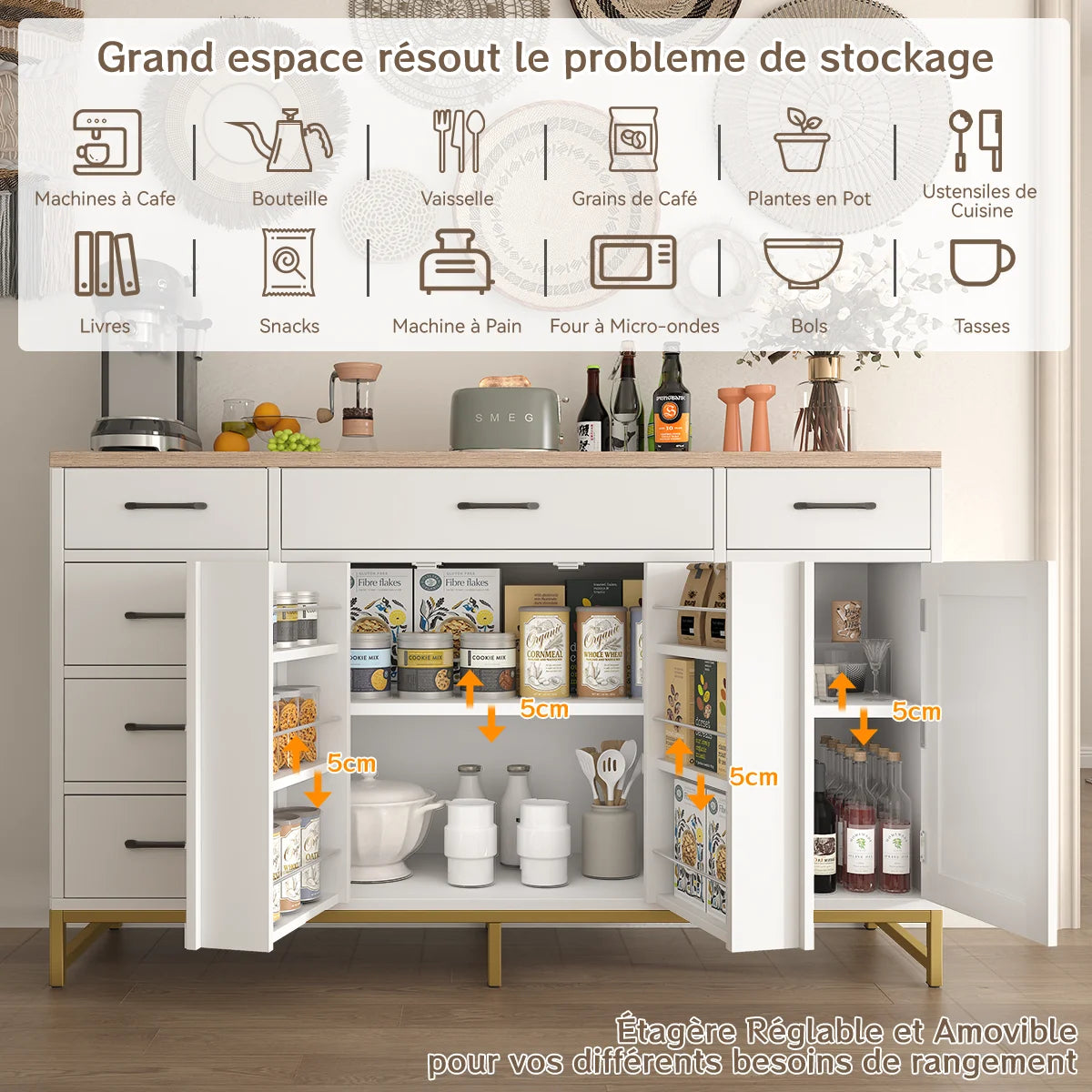 Mobile da Cucina Bianco Mihtrov, Credenza, Mobile Contenitore per Soggiorno, Piano di Lavoro e Due Cassetti, Adatto per Cucina/Soggiorno 