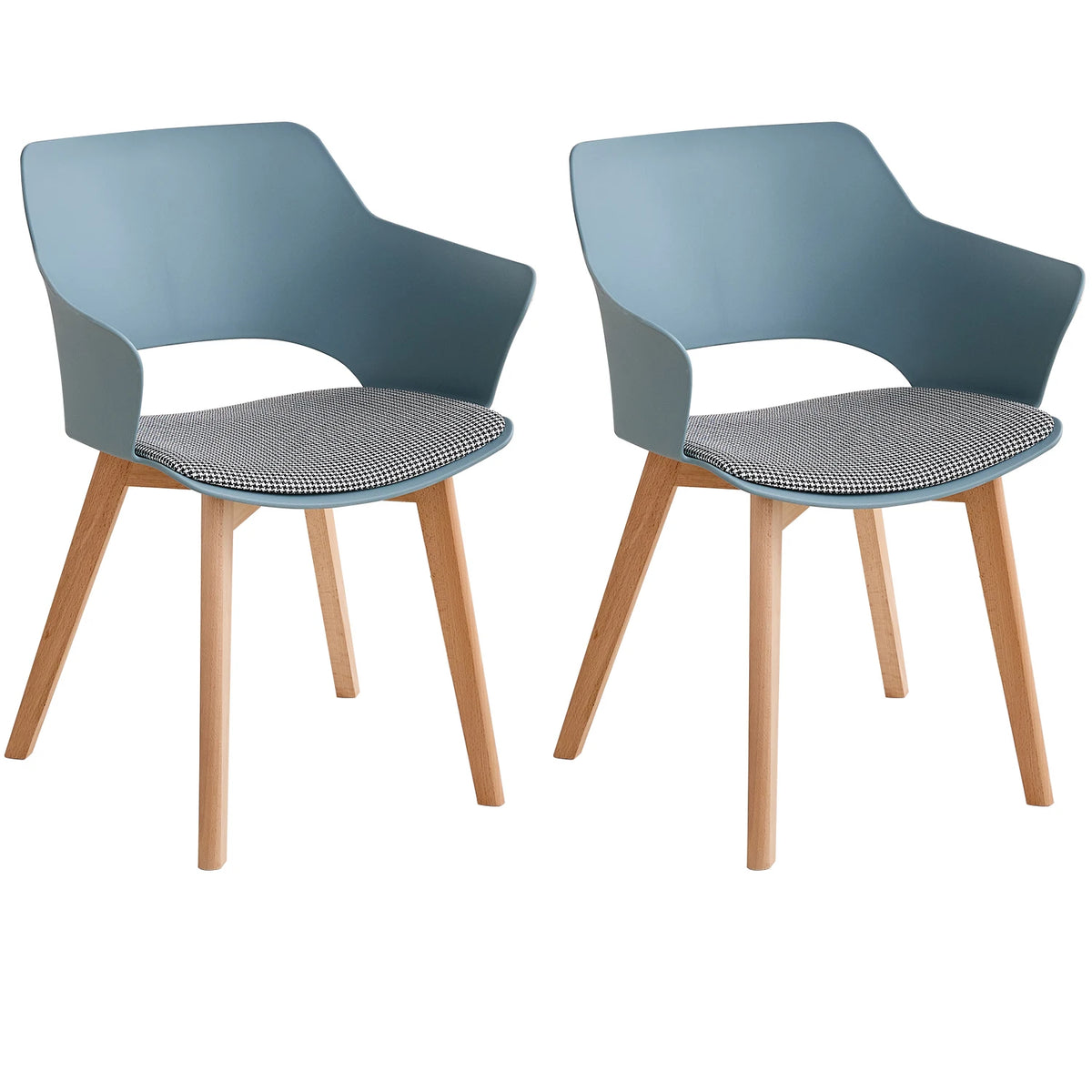 Sedie da pranzo moderne da 2 pezzi con braccioli - Guscio in PP + Gambe in legno + Cuscino in tessuto pied de poule per cucina, soggiorno, caffè