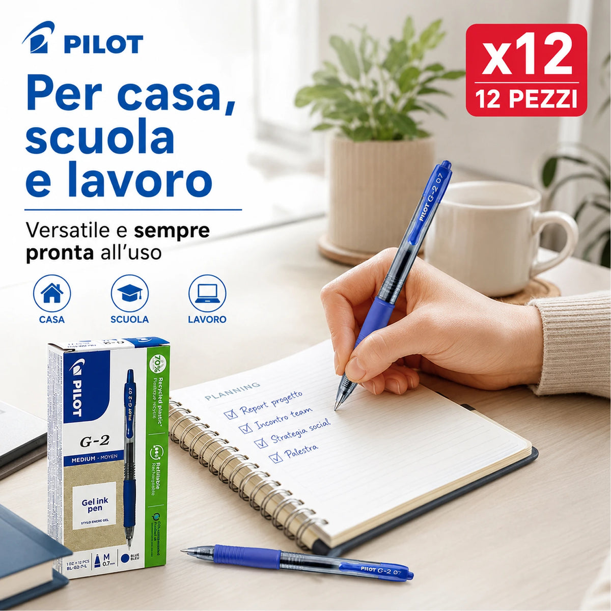 Confezione da 12 penne Pilot G2 blu 0,7 mm, penne a scatto per scuola, ufficio, appunti, documenti e cancelleria