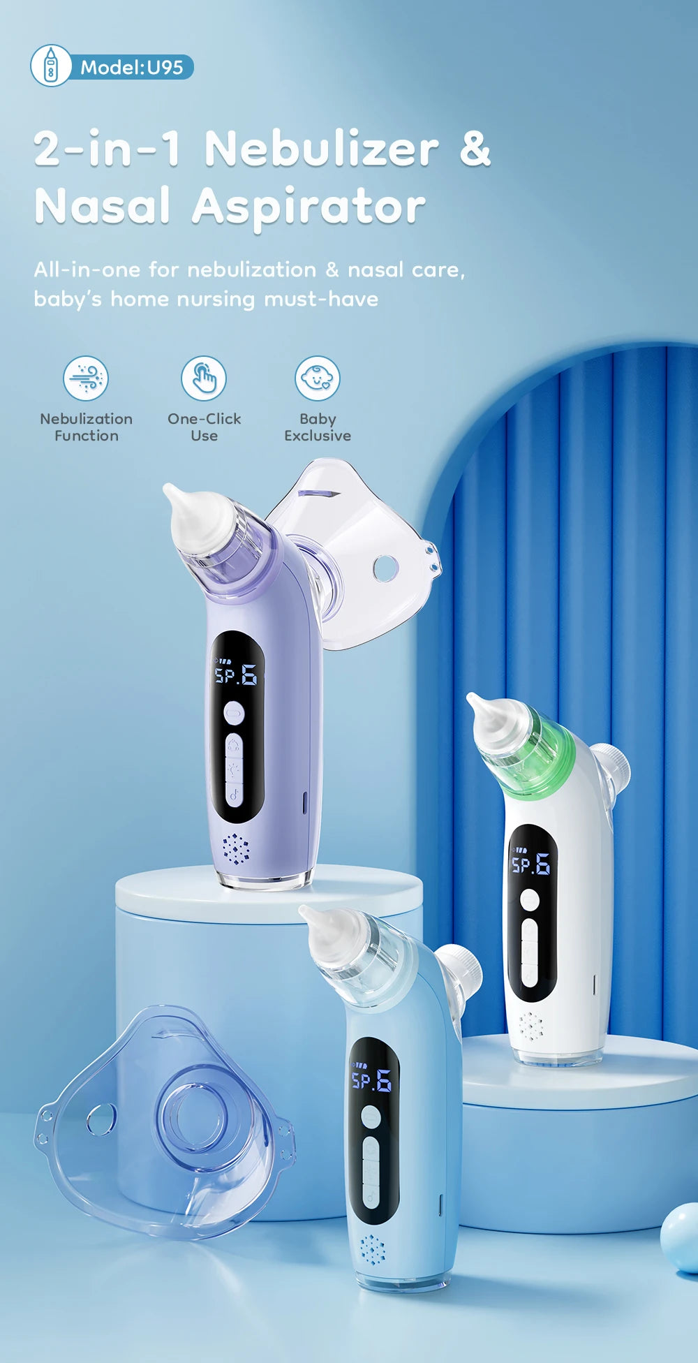 MAMIJOY Aspiratore nasale elettrico 2 in 1 per bambini e funzione nebulizzatore 6 modalità di aspirazione e nebulizzatore musicale per bambini e pulitore nasale U95