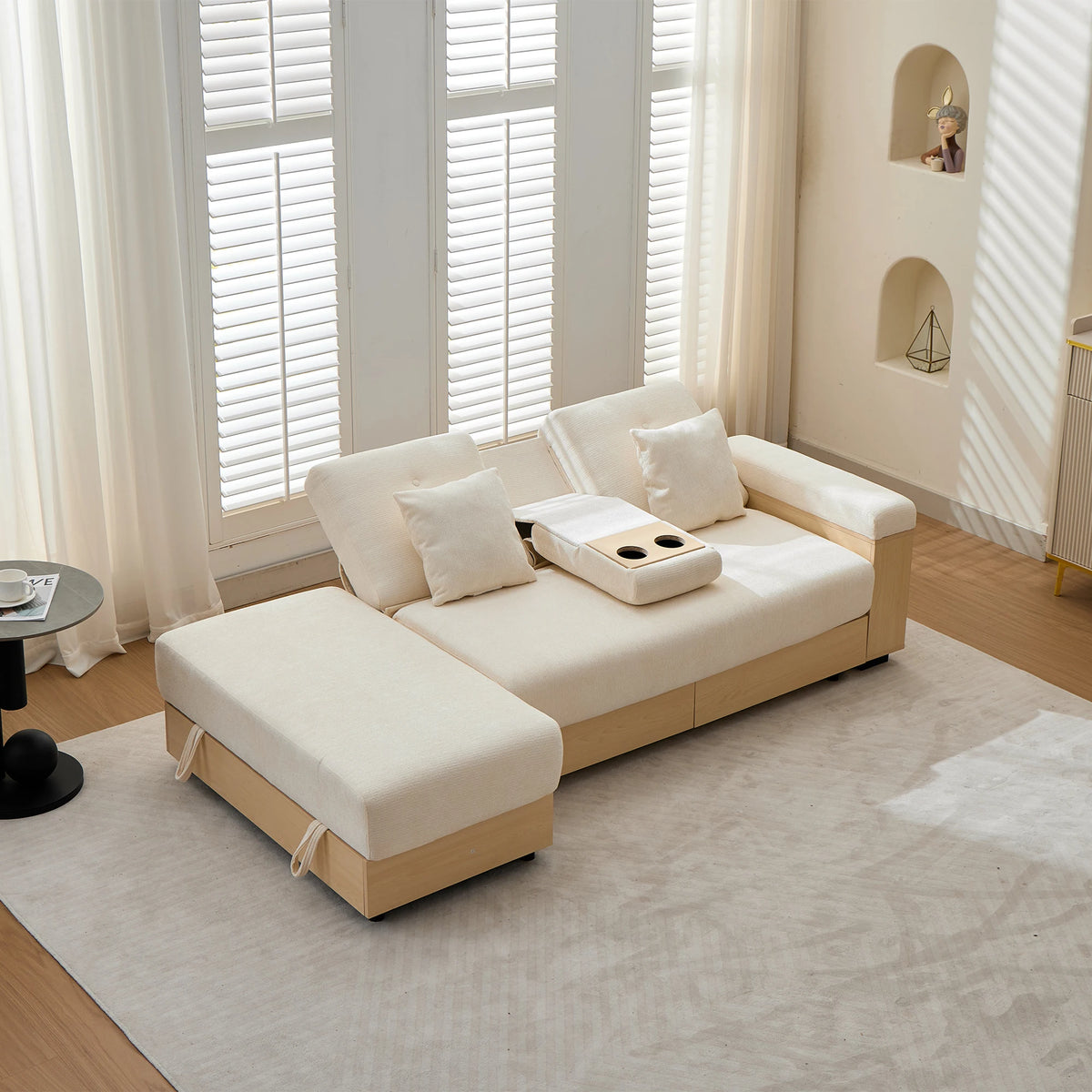 Divano Living Landscape con contenitore e schienale regolabile 3X - Divano letto in ciniglia beige a 3 posti con cassetti, portabicchieri e sgabello contenitore, 217x110 cm per soggiorno e camera degli ospiti