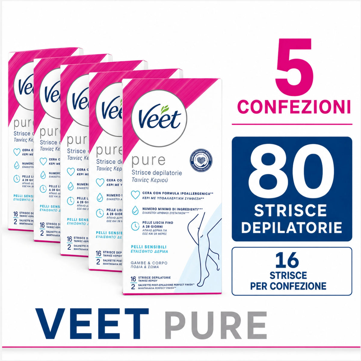 Veet Pure Strisce Corpo 16 pz Ipoallergeniche, strisce depilatorie per il corpo, varianti da 2, 3 o 5 confezioni, 32/48/80 strisce totali