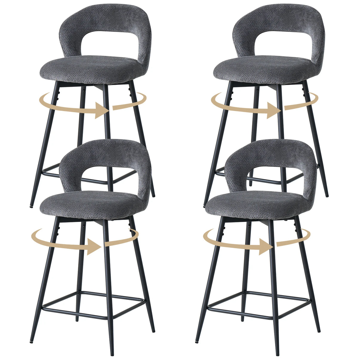 EGOONM Set da 2/4 sgabelli da bar girevoli in lino con schienale aperto e poggiapiedi, sedie da bar moderne imbottite per isola cucina, gambe in metallo nero