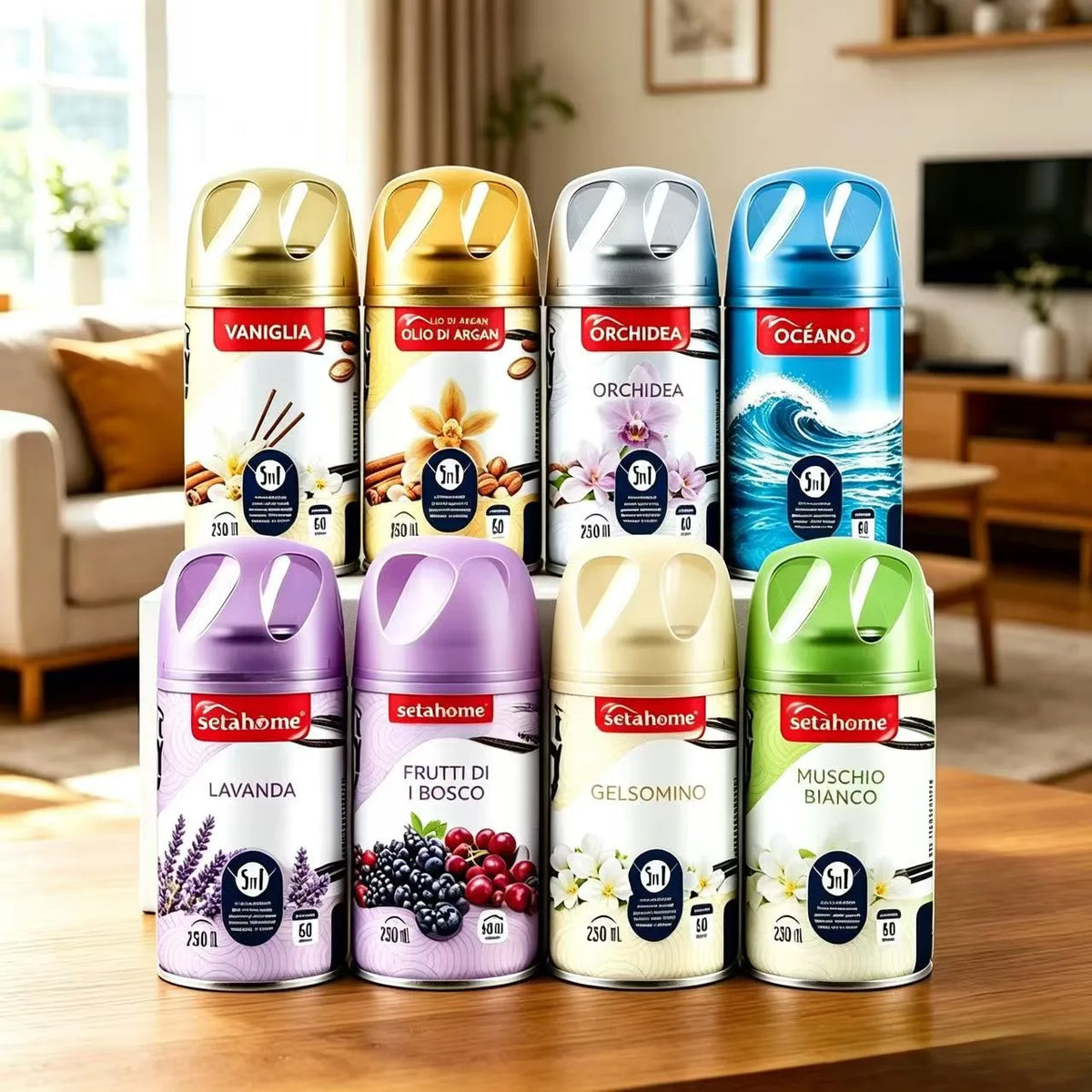 Set 6 Ricariche Spray Deomatic da 250 ml per Profumatori Ambiente, Ricarica Universale Deodorante per Ambienti, Diffusore Profumo Intenso Ideale per Casa e Ufficio gusti assortiti