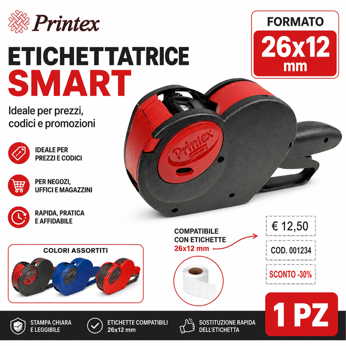 Confezione da 1 Prezzatrice Smart SM2612-08, 1 linea di stampa, 8 cifre, etichettatrice manuale per prezzi, codici, negozi e magazzino