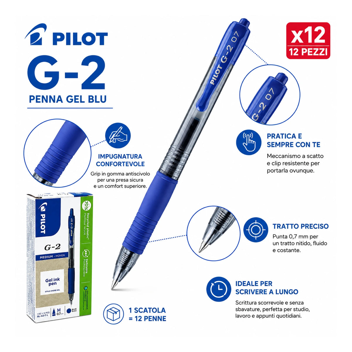 Confezione da 12 penne Pilot G2 blu 0,7 mm, penne a scatto per scuola, ufficio, appunti, documenti e cancelleria