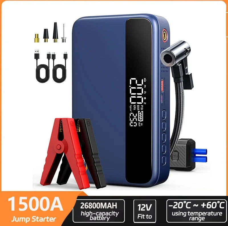 Avviatore di Emergenza per Auto con Compressore d'Aria Senza Fili, Gonfiatore Pneumatici, Booster Batteria con Power Bank e Torcia LED, Avviatore 12V per Tutti i Veicoli a Benzina o Diesel fino a 10.0L, Avviatore di Emergenza