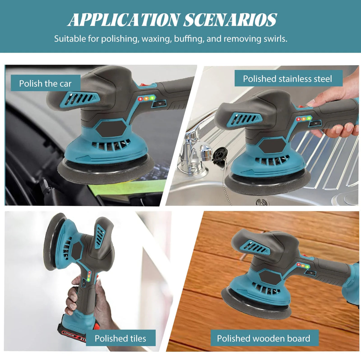 Vremota 6-speed portable electric sander with Makita 21V battery for car polishing and waxing.