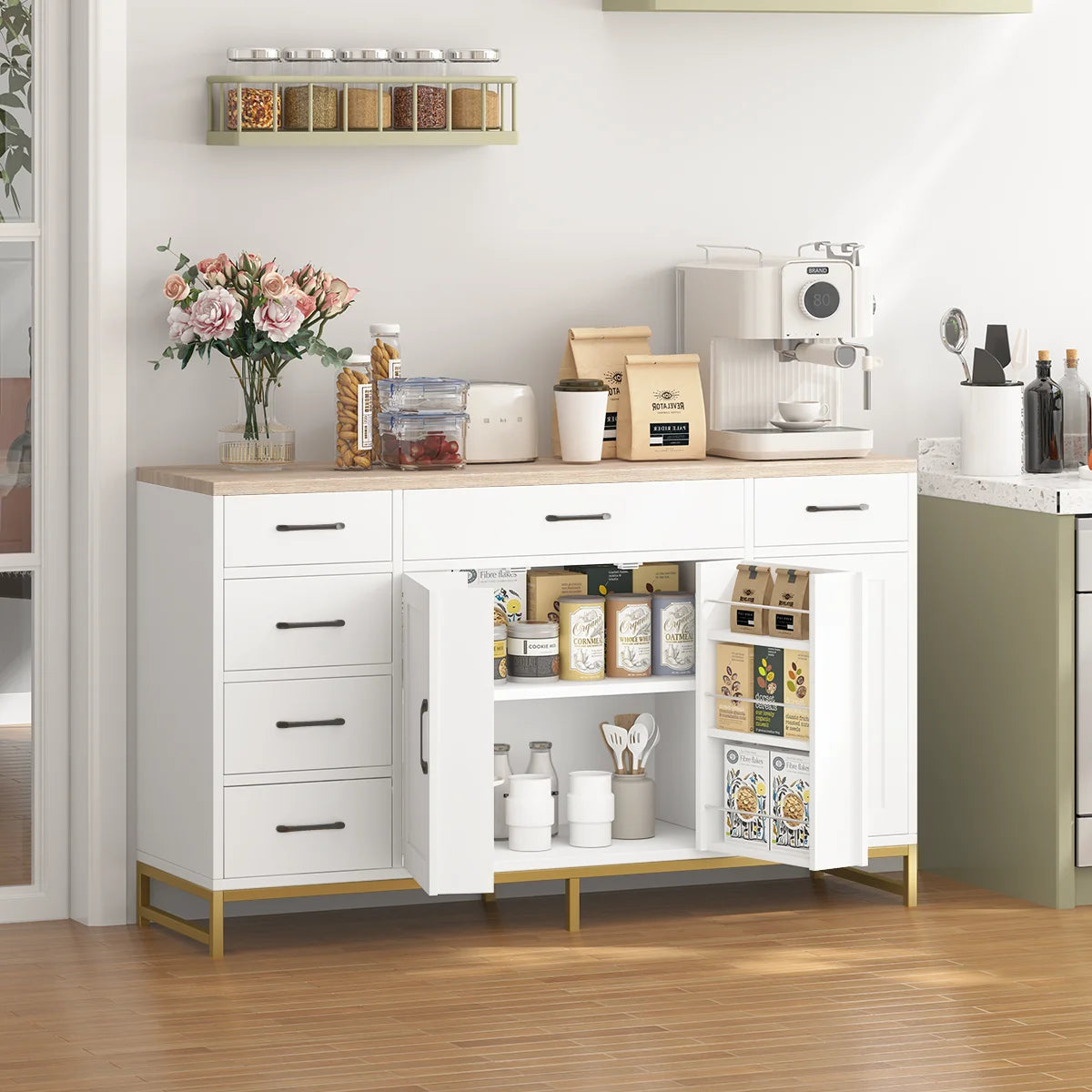 Mobile da Cucina Bianco Mihtrov, Credenza, Mobile Contenitore per Soggiorno, Piano di Lavoro e Due Cassetti, Adatto per Cucina/Soggiorno 