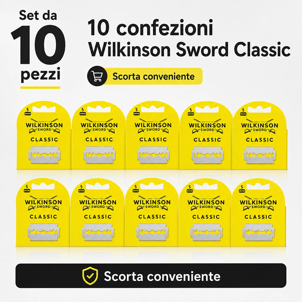 Confezione da 10 pacchi Wilkinson Classic Ricambi 5 pz, 50 lamette totali per rasoi di sicurezza compatibili