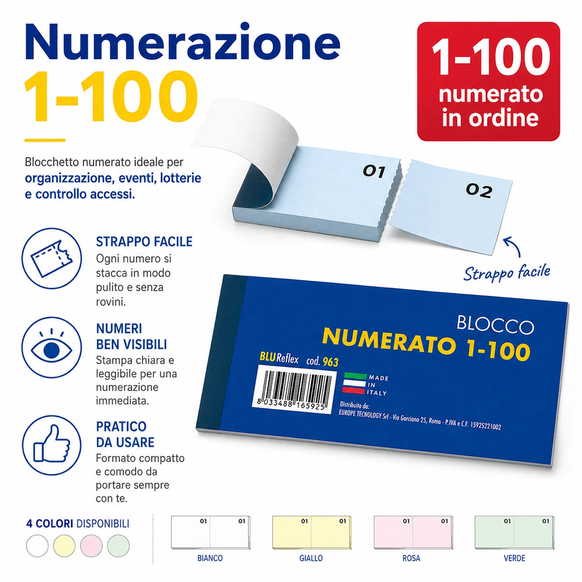 Confezione da 30 blocchi scontrino numerati 1-100, blocchi per ricevute, turni, magazzino, ufficio, negozi e attività commerciali