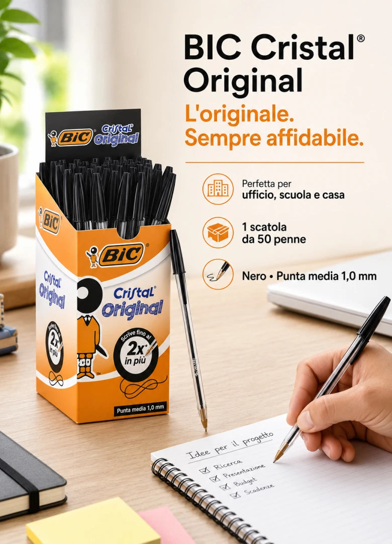Confezione da 50 penne BIC Cristal Original nere a sfera, punta media 1 mm, penne per scuola, ufficio, cancelleria e uso quotidiano
