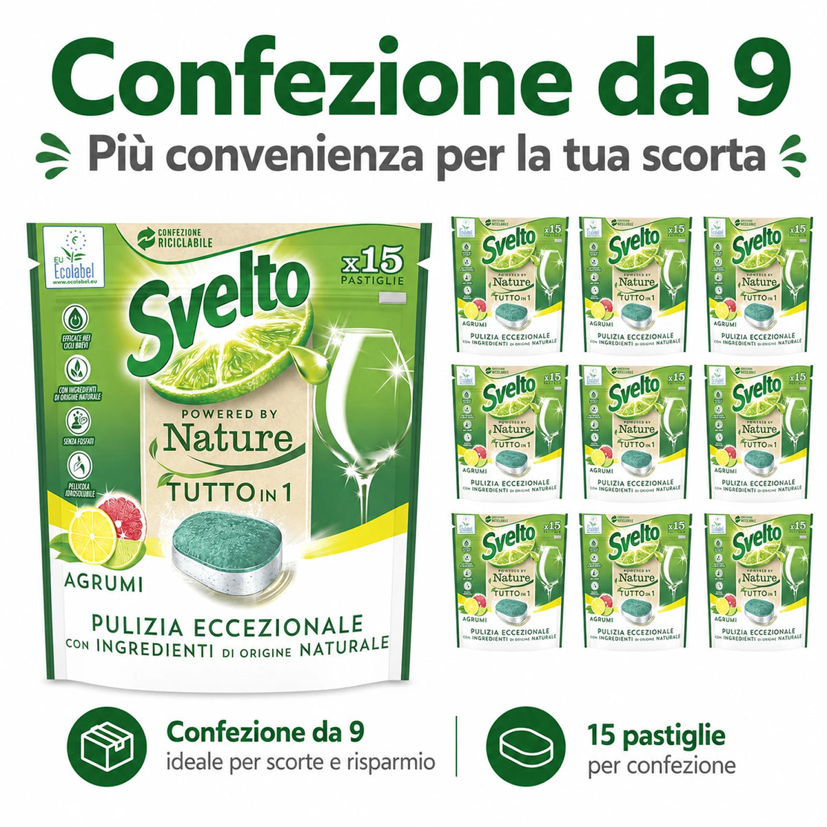 Confezione da 9 Svelto Tabs Tutto in 1 Agrumi, pastiglie lavastoviglie 15 pezzi, formato scorta per cucina, casa e uso quotidiano