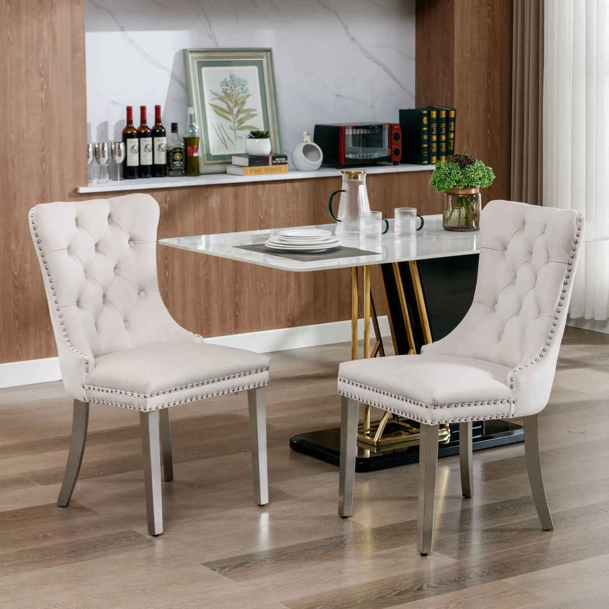 Set di 2 sedie da pranzo in velluto, sedie d’arredo imbottite, 50 cm di larghezza x 95 cm di altezza, con schienale alto e dettagli a bottoni, gambe in acciaio inossidabile cromato e finiture con borchie, sedie da pranzo mo
