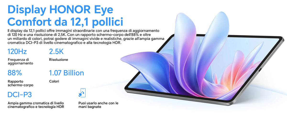 HONOR Pad 10 da 12,1 pollici, 120 Hz, display HONOR Eye Comfort da 2,5K, 8 GB/256 GB, Wi-Fi, batteria da 10.100 mAh, processore Snapdragon 7 Gen 3 a 4 nm, efficienza AI, 6 altoparlanti, Android 15, grigio