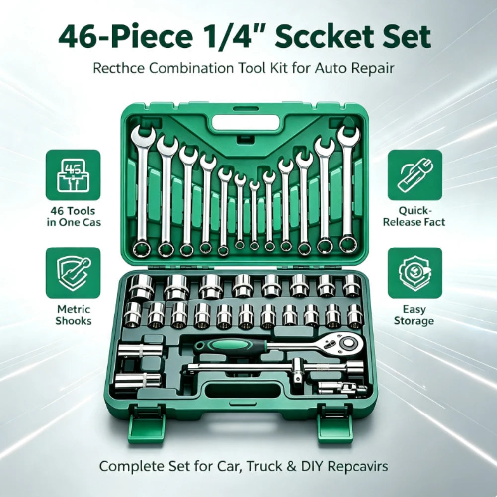 Set di utensili francesi da 46 pezzi con cricchetto da 1/4 di pollice, kit di chiavi a cricchetto combinato per riparazioni auto e manutenzione domestica.