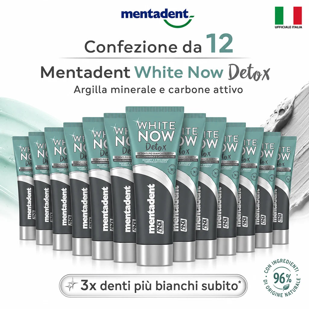 Confezione da 12 Mentadent White Now Detox Carbone 75 ml, dentifricio per igiene orale quotidiana, 900 ml totali