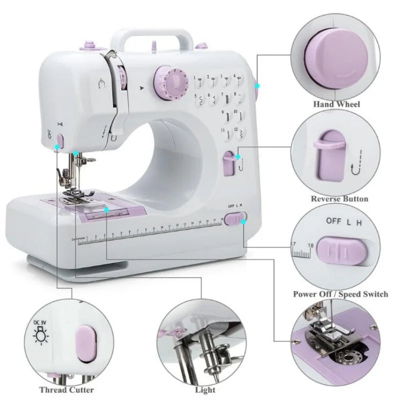 Macchina da cucire elettrica portatile, mini, con 12 punti, multifunzionale, a 2 velocità, con pedale, strumento da cucito per uso domestico, ideale per principianti, bambini, famiglie e per riparazioni di abiti fai-da-te.