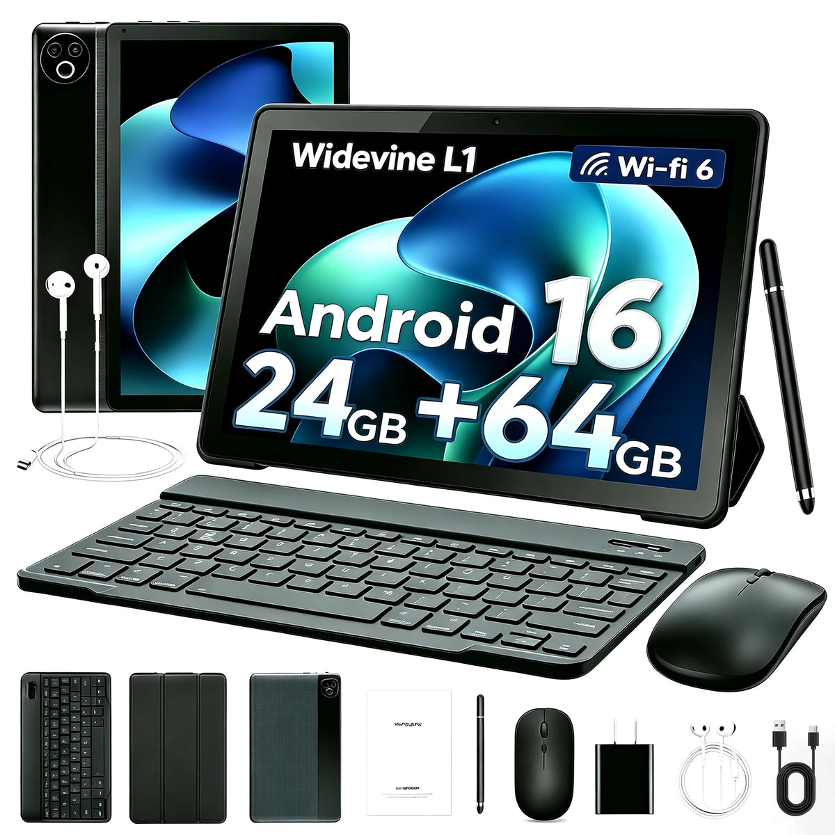 Evermyth KB1001L Tablet Android 16 OS certificato GMS da 10,1'' 1,8GHz 24GB (3GB+21GB) RAM espandibile 64GB ROM A333 CPU 5-Core 1TB espandibile Schermo HD IPS Touch WiFi6 Set tastiera, custodia, mouse, stilo e cuffie