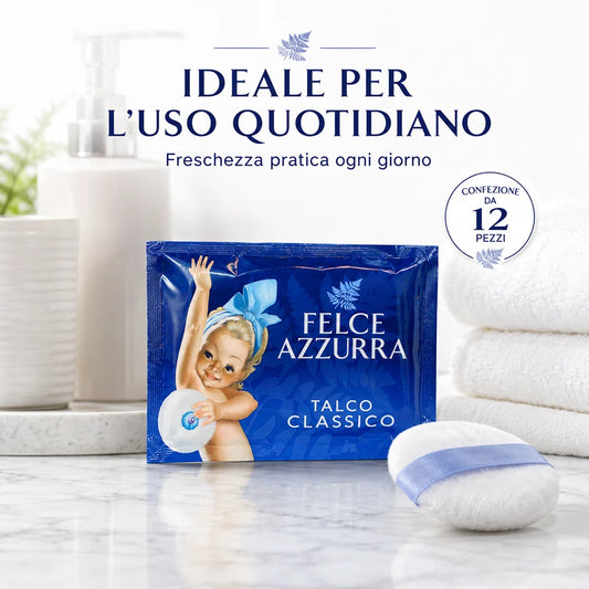 Confezione da 12 Felce Azzurra Talco Classico in Busta 100 g, talco profumato per la cura quotidiana del corpo, 1,2 kg totali