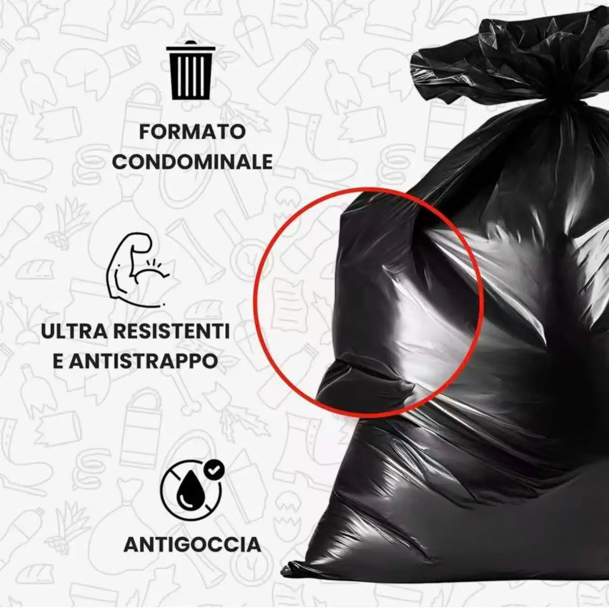 60PZ Sacco nero Extra Resistente, XL, 90 X120 cm 6 x 10pz -Sacco nero Extra Resistente per la raccolta indifferenziata del secco
