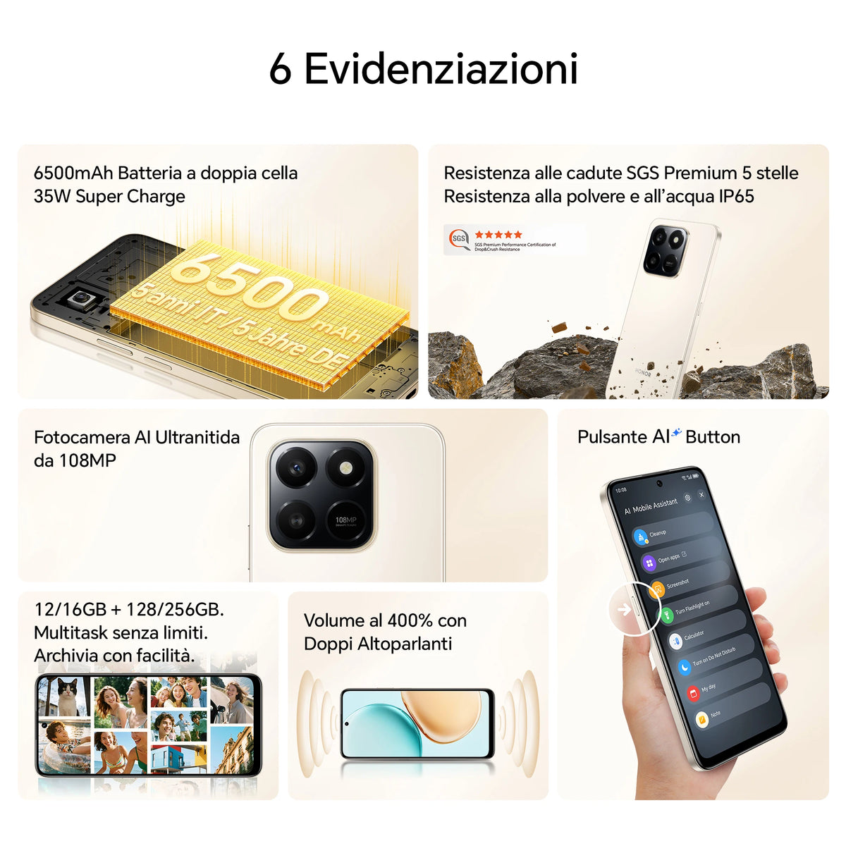 HONOR 400 Smart 4G Smartphone, Display 6.77" 120Hz, Batteria 6500mAh Doppia Cella, Fotocamera AI 108MP, Certificazione SGS 5 Stelle, Resistenza IP65, NFC, Dual SIM, Android 15