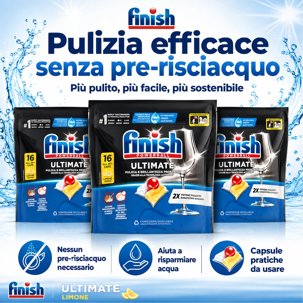 Finish Ultimate Limone 16 Tabs per Confezione, Pastiglie per Lavastoviglie, Varianti da 3 o 4 Confezioni, 48 o 64 Tabs Totali