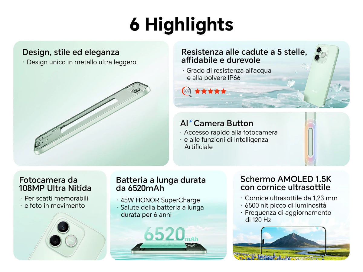 2026 New HONOR 600 Lite 5G Smartphone, Fotocamera AI da 108MP, Display AMOLED da 6.6", Batteria da 6520mAh con Ricarica Rapida 45W, Cellulare Android 16 Sbloccato, IP66&SGS, Dual SIM, NFC