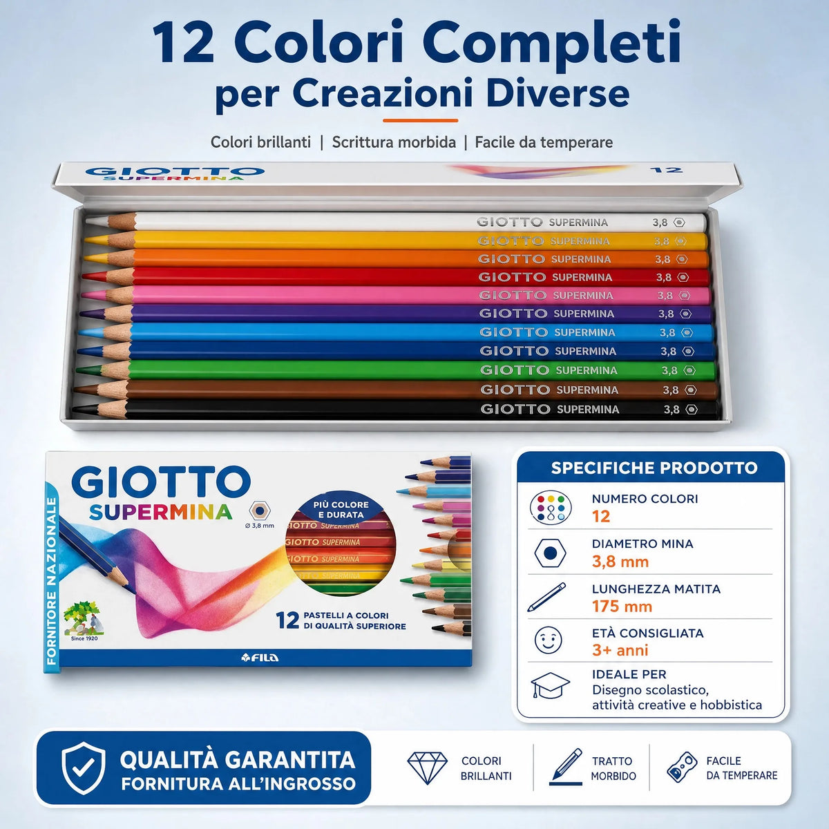 GIOTTO Supermina 12 Pastelli a Colori – Matite Colorate Mina 3,8 mm – Originali FILA