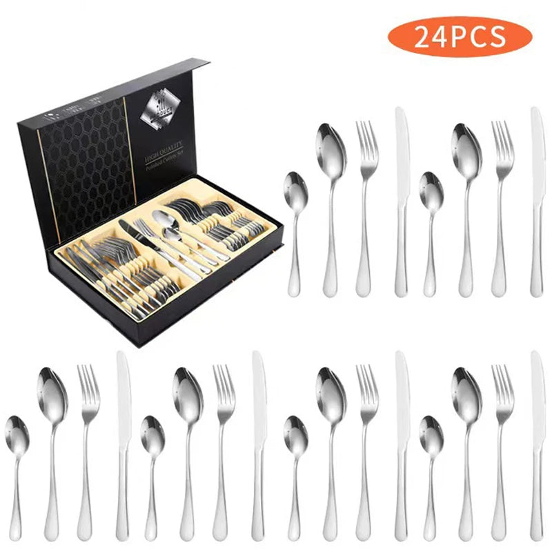 Set di posate in acciaio inossidabile color argento, composto da 24 pezzi: coltelli, forchette, cucchiai e cucchiaini, ideale per la tavola di casa e come regalo – set per 6 persone.