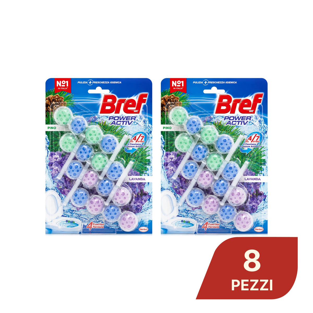 Confezione da 8, 12 o 16 Bref Power Activ Pino e Lavanda, tavolette WC da 4x50 g, detergente solido per pulizia e freschezza del WC