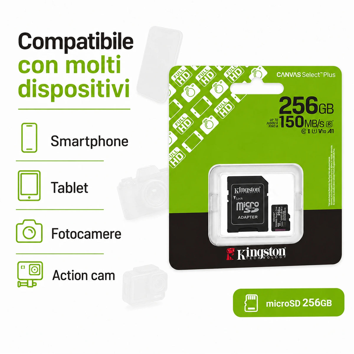 Confezione da 1 scheda di memoria Kingston Canvas Select Plus microSD 256 GB, microSDXC Gen3 UHS-I Class 10 A1 V10, 150 MB/s lettura, adattatore SD incluso
