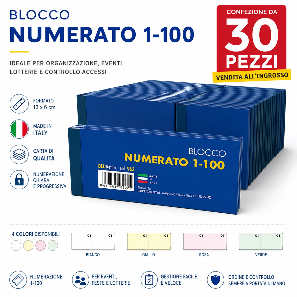 Confezione da 30 blocchi scontrino numerati 1-100, blocchi per ricevute, turni, magazzino, ufficio, negozi e attività commerciali